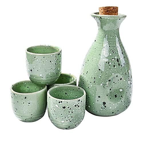 Ceramic Sake Set with Cork Stopper, Moss Green Speckled Drinkingware