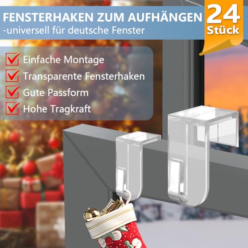 AMFUN Fensterhaken, 24 Stück Fenster Aufhänger, Transparente Türhaken Für Fenster bis maximal 17 mm Falzmaß geeignet, Fensterhaken zum Einhängen für Fensterdeko,35x17 mm
