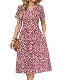 CMTOP Vestidos Verano Mujer Elegantes Cuello V Vestido Midi Manga Corta Sueltos Vestido Flores Jacquard Casual Vestidos de Playa con Bolsillos (Estampado Floral Rojo, L)