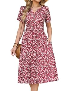 CMTOP Robe Femme Ete Chic et Elegant Col en V Fleurie Robe Mi Longue Décontractée Manches Courtes Boutons Genou Légère Robe Style Taille Empire avec Poches (Imprimé Floral Rouge, XL)