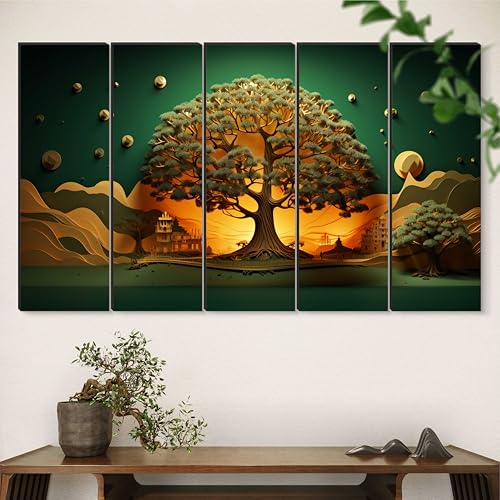 Image of Livin'luxe 5 Panel Tree of Life Wall Art | Majestic Sunset Glow & Temple Silhouettes | Surreal Green & Golden Framed Wall Art for Living Room, Pooja Room & Modern Ethnic Decor (50 x 30 Inch) XL-35419