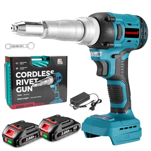 ONEVAN Akku Nietzange 20 mm Hublänge 250 Nm bürstenloser Nietpistole 5000 U/min 2×2 0Ah Akkus für Aluminium und Blindnieten Ø 2 4-5 0 mm nicht für Edelstahl (Blau)