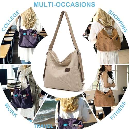 Wytidian Corduroy Tote Backpack Crossbody Bag for Women, Convertible Shoulder Bags Designer Handbag for College, Work (Beige)