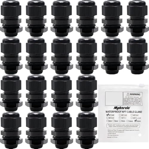 Image of MAKERELE Wire Strain Relief NPT 3 /8 inchNylon Cord Grips Cable Glands Joints | 3 /8 Inch, Black, 20PCS, for Electrical Junction Box, IP68 Waterproof, Wire Grommet Connector, Adjustable
