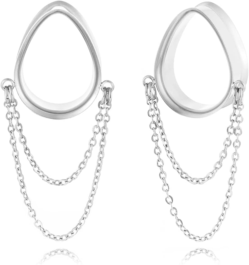 2PCS Dangle Chain Teardrop Ear Plugs Tunnels Daily 316 Stainless Steel Ear Gauges Expander Stretcher Piercing Body Jewelry 0g-1 inch 8mm-25mm