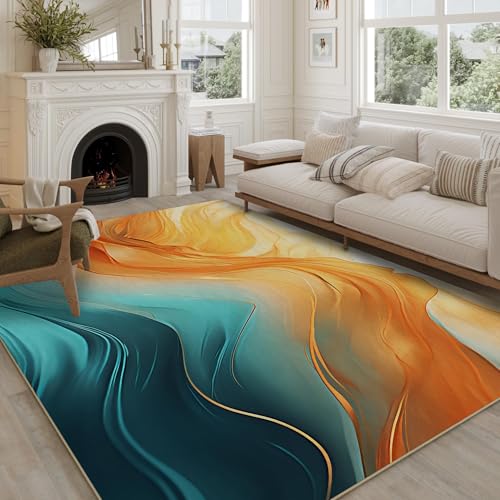 Tapete decorativo 5'x7' naranja y teal lavable antideslizante miniatura 2