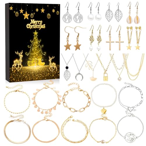 Calendario de Adviento 2024, Adviento Calendario Joyas, Calendario de Cuenta Regresiva de Navidad de 24 Días, Mujeres Niñas Kit de Joyería con Collares Pulseras Pendientes para Novia Madre Hija