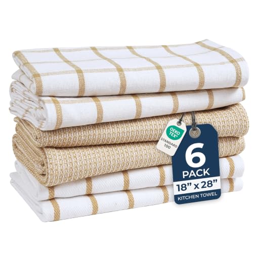 LANE LINEN Cotton Kitchen Towels and Dish Cloths Set, 6-Pack – Absorbent, Quick-Drying Dish Towel, 18' x 28', Soft, Premium Hand and Tea Towels - Beige