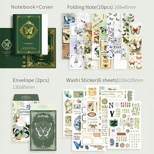 Image of VIBE VISTA Vintage Aesthetic Scrapbook Kit, 346 Pcs, A6 Grid Notebook, Washi, Envelopes, Scrapbook Papers, Folding Labels, Background Papers, Photo Frames, Calendar Stickers, Stickers (Forest Legend)