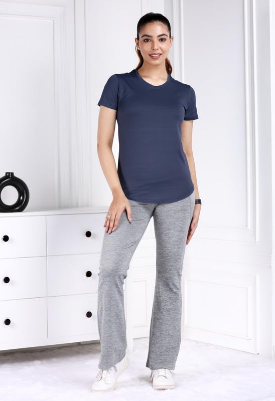 Image of Mlada Luxury Athleisure T Shirt Polyester Stretch Knit T-Shirt Full Length Moisture Wicking, Breathability, Compression for Gym, Workout and On-The-Move for Women