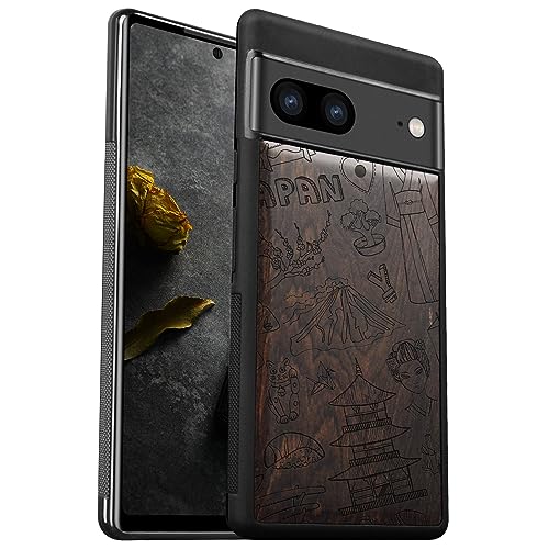 Coque Google Pixel 7 en bois sombre avec gravure de symboles de griffonnage japonais
