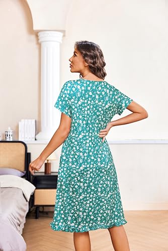 Image of Ekouaer Nightgowns for Women with Pockets Button Front Short Sleeve House Dresses Floral Print Mumu Dress