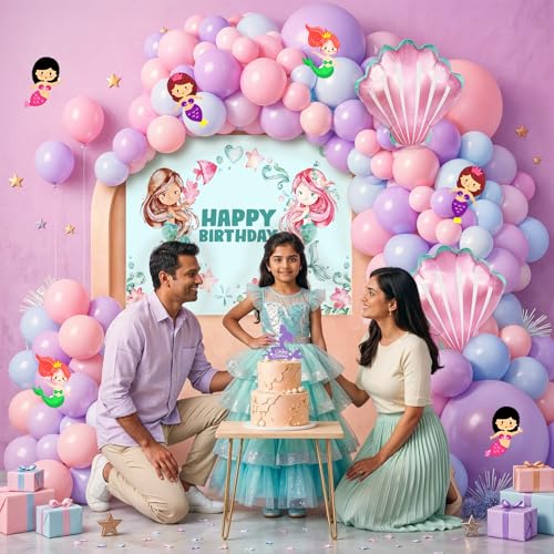 Image of Party Propz Happy Birthday Decoration Kit for Girls - 47 Pcs,Birthday Decorations for Girls with Shell Foil Balloons, Birthday Backdrop for Decoration, Mermaid Theme Decor for Baby (Cardstock,Latex)