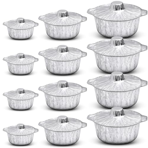 Ziliny 12 Pcs Disposable Aluminum Pot with Lid Round Foil Pans Disposable Cookware Food Container for Vacation Trips Camping Baking Heating Cooking (33.8 Oz,67.6 Oz,121.7 oz)