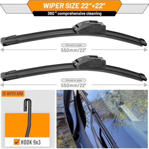 Image of AUTOBOO Windshield Wiper Blade Replacement for Ford F150 Silverado Sierra | Fits F150 2009-2025, Silverado 1500 & Sierra 1500 2019-2024, RAM 1500 2011-2018, 22 inch+22 inch, 2-pack, J /U hook, OEM fit