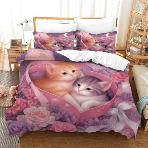 Imprimé 3D Cute Kittens—Romantic Pastel Art Style Parure De Lit Microfibre Super Douce Et Respirante Housses De Couettes 3 Pièces Et Taie d'oreiller...
