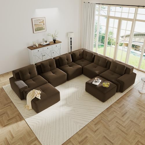 Image of 151.1 inch Large Modular Sectional Sofa for Living Room, 6-Seater V-Shaped Corner Sofa, Comfy Cloud Boneless Couch with 2 Movable Ottomans, Corduroy Design for Family Space, No Assembly, Brown