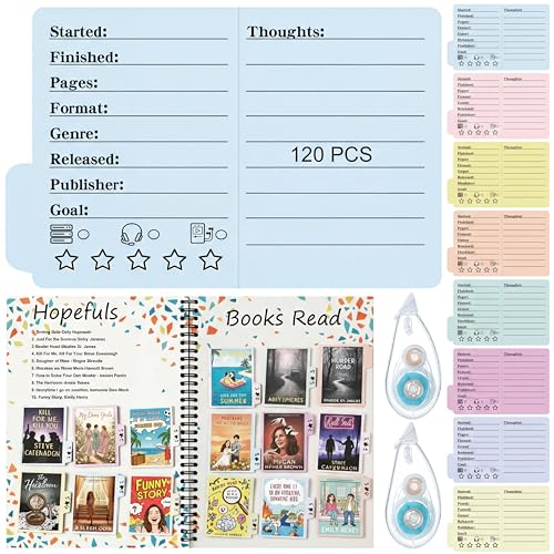 Glenmal 120 Pcs Mini Book Review Bookmarks Reading Journal File Log Page with 2 Pcs Double Sided Correction Tape Reading List Bookmark for Book Lovers Bookish Bookworms Student Gift(Multicolor)