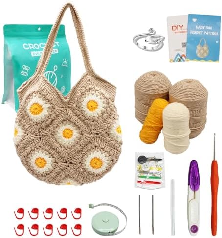 Uongeod Crochet Kit for Beginners Daisy Tote Bag DIY Granny Squar...