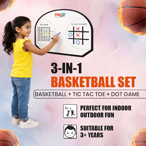 Image of 3-in-1 Wall Mount Basketball Hoop for Kids|Indoor Hanging Basketball Set with Tic-Tac-Toe & Dot Game with Marker Ball|Sports Toy & Creative Board for Boys & Girls 3+|Birthday Gift