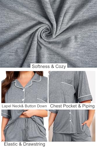 Image of Vozanet Women Plus Size Pajamas Button Down Rayon Softness PJS Classic Sleepwear Short Long Loungewear 2pcs with Pockets