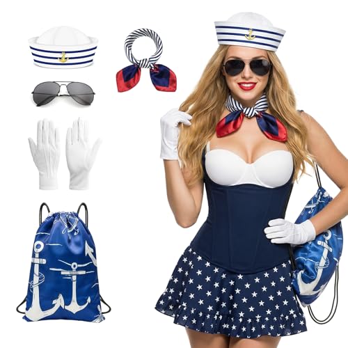 Herbst 5 Stück Matrosen Kostüm Set Matrosenmütze Schal weiße Handschuhe Sonnenbrille blauer Rucksack Matrosin Matrosen Kostüm Damen Herren für Karneval Cosplay Mottoparty Halloween