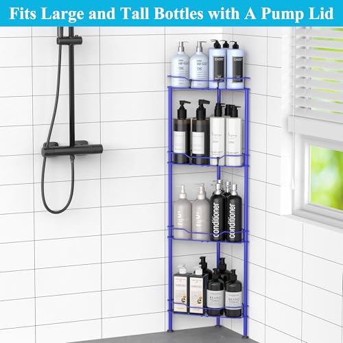 Image of HuggieGems Metal Floor Standing Corner Shower Caddy, Dark Blue, 4 Tier | Adhesive Bathroom Organizer Shelves, Free Standing Shower Rack with Hooks, Hold Large Shampoo Bottles