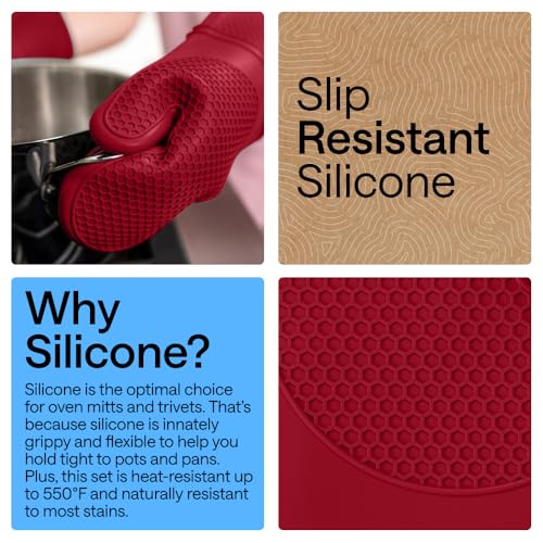 Image of GORILLA GRIP BPA-Free Soft Silicone Oven Mitts and Pot Holders Sets of 4, Heat Resistant Waterproof Cooking Gloves, Thick Cotton Lining, Flexible Gripping for Baking Grilling, Kitchen Trivets, Red