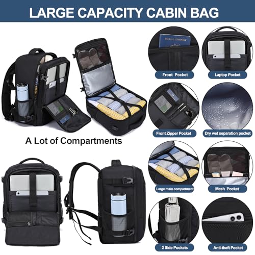Ryanair Handgepäck 40x30x20 Rucksack 40x30x20 Eurowings Handgepäck Rucksack Flugzeug Reiserucksack Herren Handgepäck Tasche Laptop Rucksack 14 Zoll mit USB Ladeanschluss Reisetasche für Damen,Schwarz 4