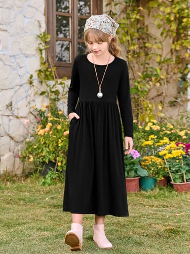 Haloumoning Girls Maxi Dress Long Sleeve Casual Holiday Dress with Pockets for 5-14 Years4
