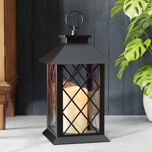Image of 13.4 inch Lanterns Decorative Indoor, Black Lantern Decor with Timer Flickering Candle, Diamond-shaped Outdoor Lanterns, Waterproof Hanging Lantern for Patio, Porch, Entryway, Centerpieces, 1 Pack