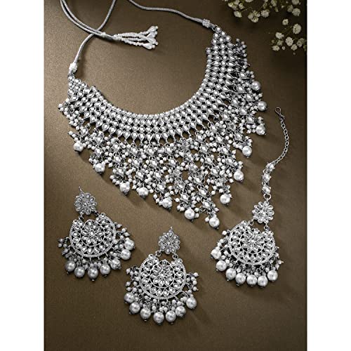 Image of Peora Kundan & Beads Studded Necklace Earrings & Maangtikka Set Ethnic Jewellery for Women & Girls