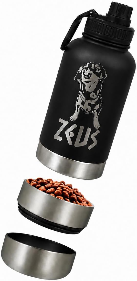 Personalized Dog Water Bottle with Custom Laser Engraving, 32oz Insulated Stainless Steel Pet Travel Bottle with 2 Detachable Bowls, Leakproof Double Wall Vacuum Insulated for Dogs & Pets