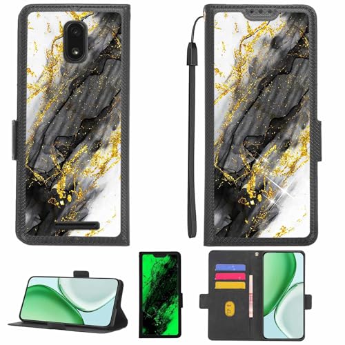 Aroepurt Case Compatible for BLU View 1 B100DL Phone Case Flip Cover [with Tempered Glass Screen Protector][RFID Blocking][Gold Glitter+Luminous] LPT-HDL