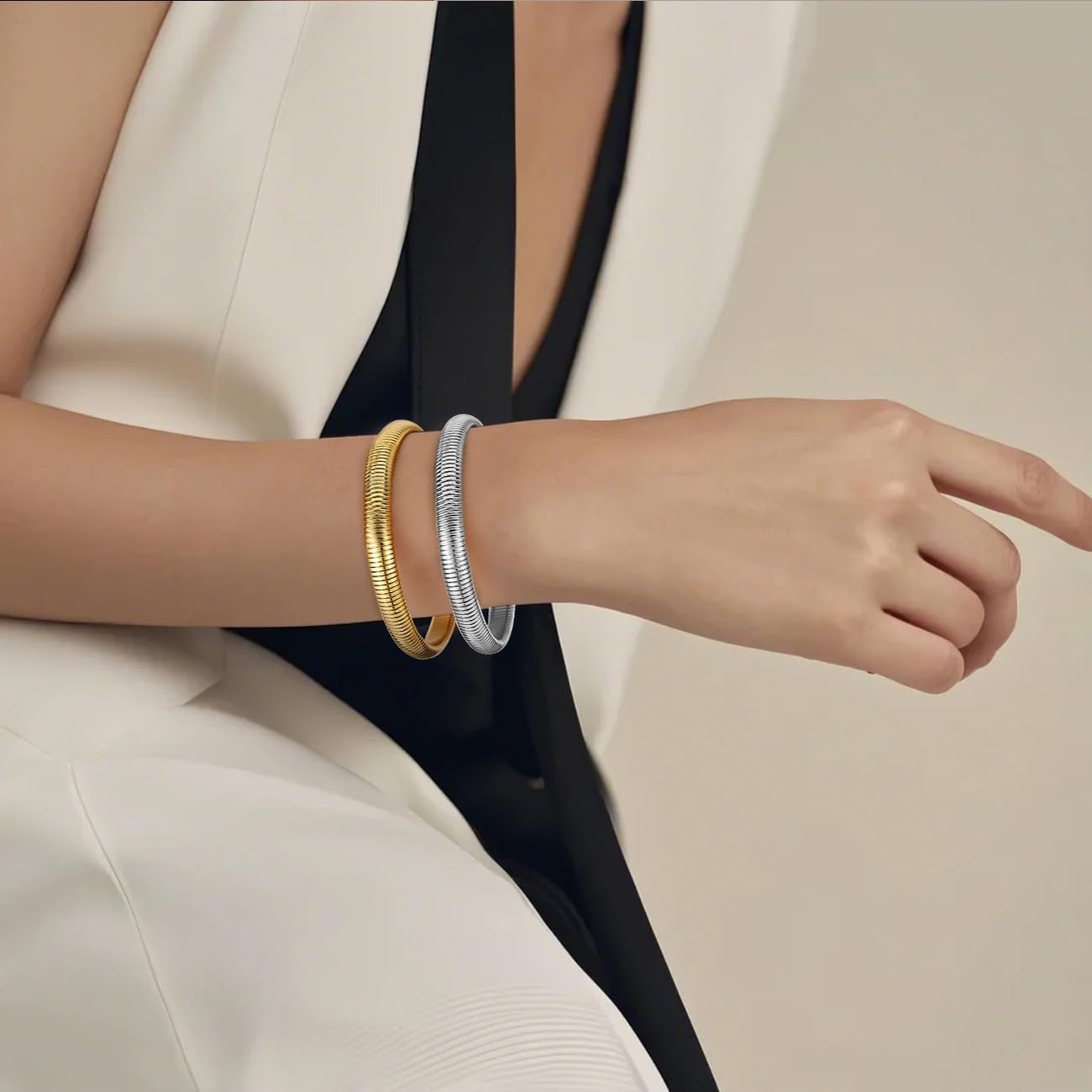 Emibele Gold Bangles Bracelet Set for Women, 18K Gold Plated Chunky Stainless Steel Non Tarnish Stretch Bracelet Stack, Flexible Wide Wristband Bangle Layered Snake Chain Bracelets - Image 2