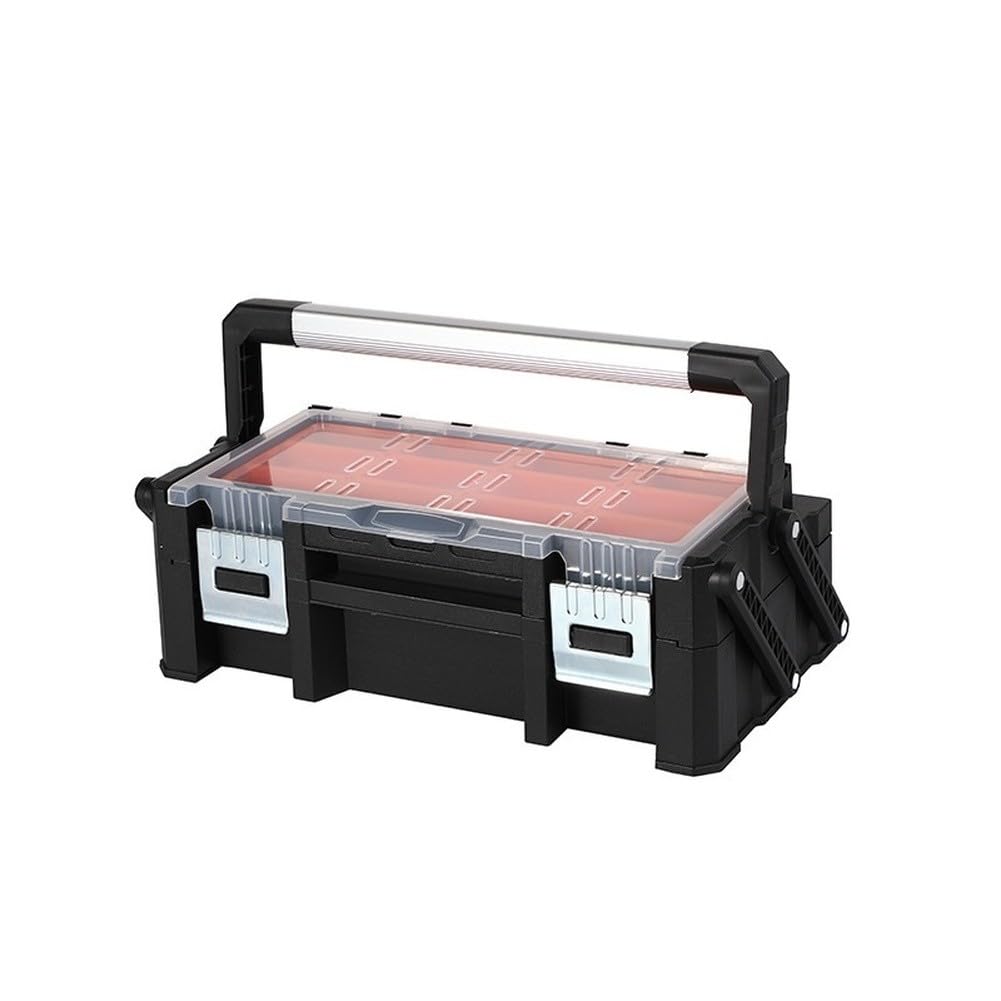 Cassetta degli attrezzi con scomparti, maniglia in alluminio portatile, fibbia magnetica, resistente plastica PP, 46 x 24 x 14,5 cm, per fai da te, officina, garage