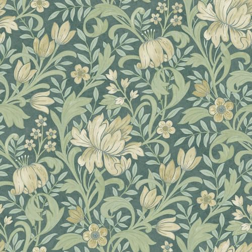 World of Wallpaper Marian Soft Tone, Matte Finish Floral Themed Arts and Crafts Inspired Wallpaper for Living Room, Bedroom, Hallways, Feature Walls - Green 204104/WOW119