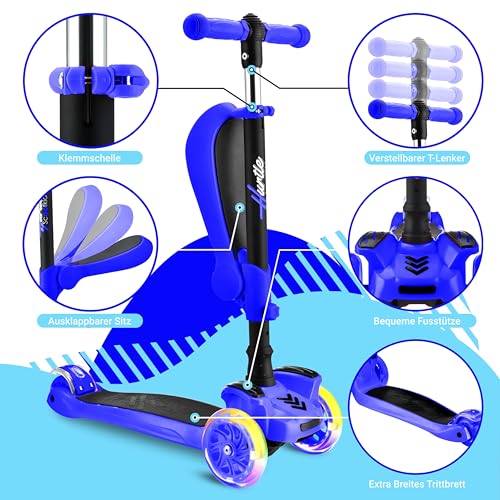 Image of Hurtle 3-Wheeled Scooter for Kids - Wheel LED Lights, Adjustable Lean-to-Steer Handlebar, and Foldable Seat - Sit or Stand Ride with Brake for Boys and Girls Ages 1-14 Years Old