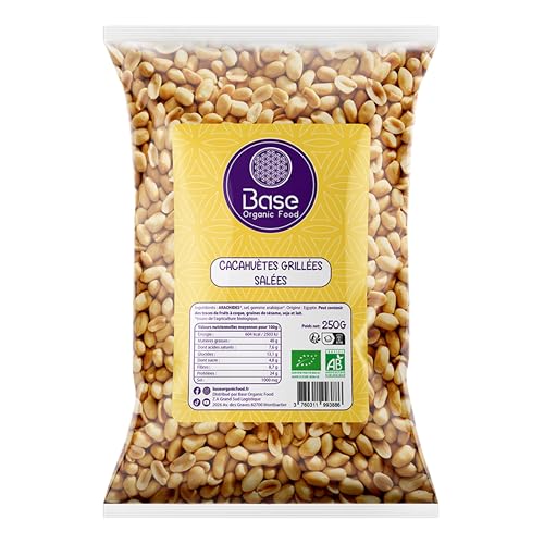 Arachides Décortiquées Grillées Salées Bio 250 g | Cacahuètes 100% Naturelles | Cacahuètes Jumbo | Snack Sain & Énergisant | Sans OGM | Idéal pour Végétariens & Végétaliens | BASE ORGANIC FOOD