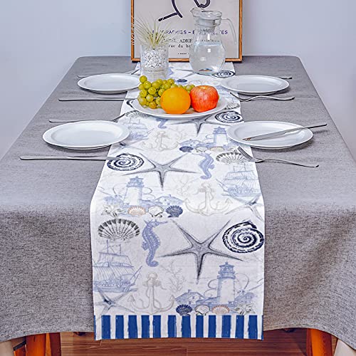 Linen Burlap Dining Table Runner Dresser Scarves Seashells Starfish Lighthouse Seahorse Ocean Coastal Vintage Blue Texture Table Runners for Family, Farm, Party, Table Decor- - Image 4