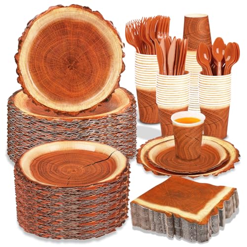 FULJOOY 400 Pieces Camping Wood Grain Slice Party Supplies Set Paper Plate Cup Napkin for Camping Woodland Baby Shower Lumberjack Birthday Featuring a Round Wooden Slice Die Cut Edge Design Serve 50