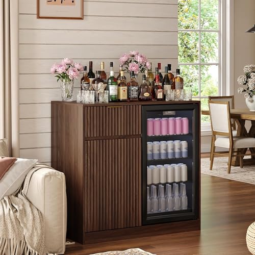 Mini Fridge Cabinet with Power Outlet Coffee Bar Cabinet with Fridge Space & Wine Glass Rack Fluted Buffet Sideboard with Drawer & Adjustable Shelf Home Bar Cabinet for Living Dining Room Kitchen