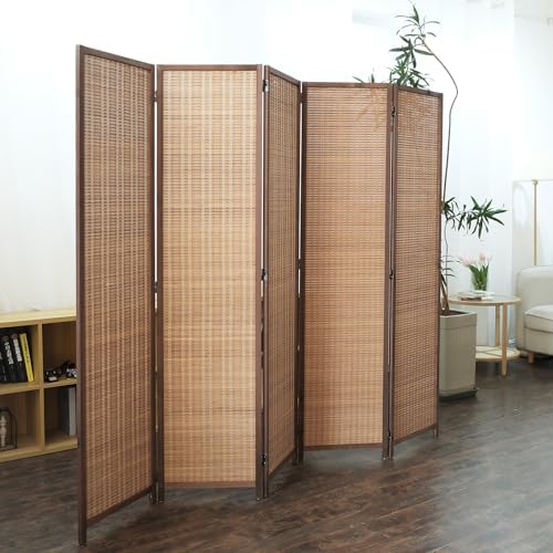Furnnylane 5 Panel Bamboo Room Divider - 5.6 ft Tall Folding Priv...