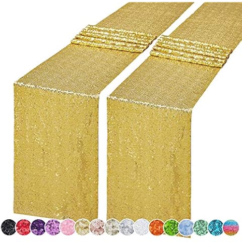 Hahuho 2PCS 12x108 Inch Sequin Table Runner Gold Glitter Table Runner for Party, Wedding, Bridal Baby Shower, Event Decorations（2PCS, 12x108 Inch, Gold） Cover