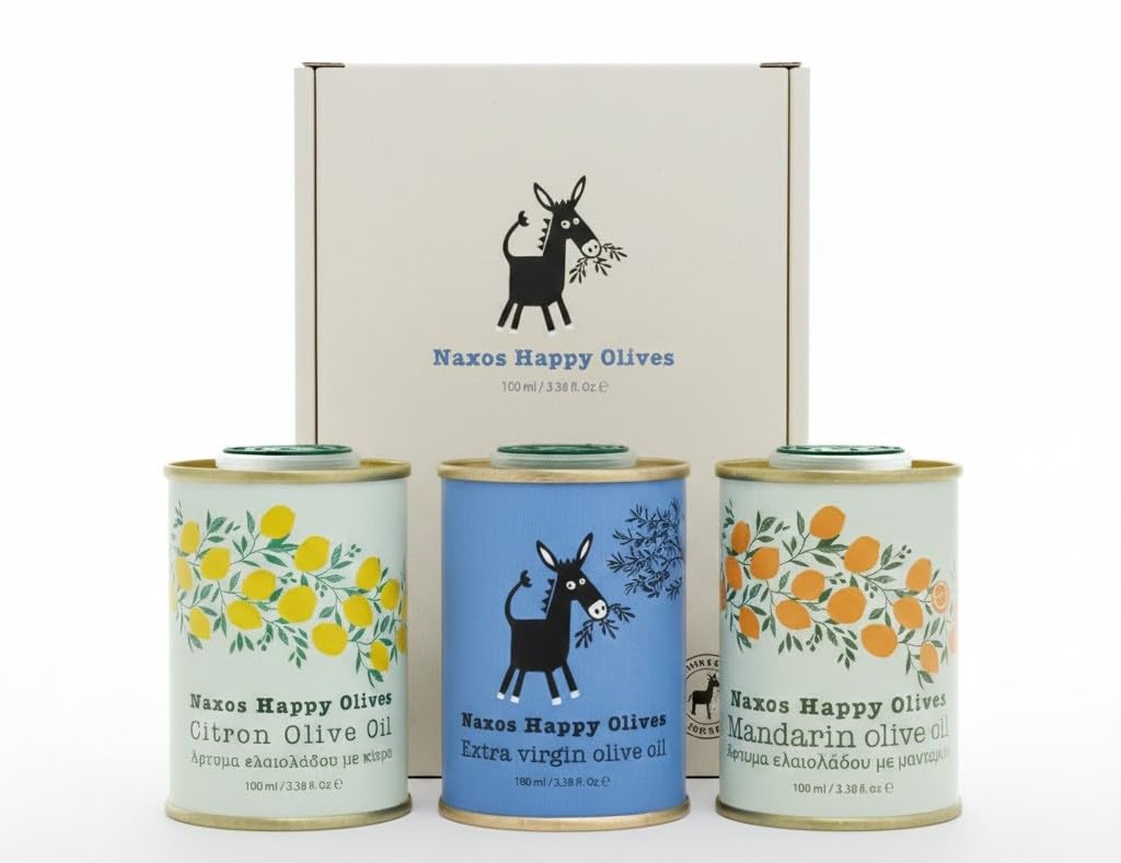 Naxos Happy Olives - Coffret dégustation Huile d'Olive grecque - Extra Vierge, Citron (cédrat) et Mandarine - Olives Récoltées à la Main à Naxos - Format découverte 3x100mL
