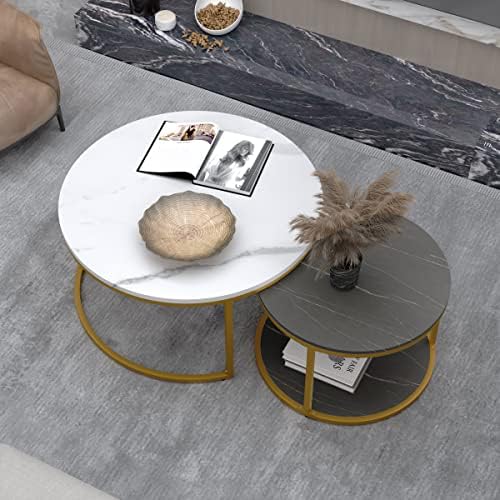 Oseasoy Nesting Coffee Table Set of 2,34in Modern Round Coffee Tables for Living Room Balcony Office Wooden Circle Table Accent End Side Table with Sturdy Gold Metal Frame, Easy Assembly, White&Black