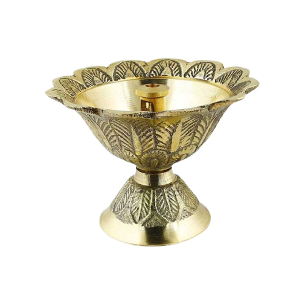 Brass Pooja/Puja Oil Lamp Jyoti Diya with Cotton Wick Engraved Design for Diwali Deepawali Festive Decoration 1 (Flower Design- 2.5 Inches)