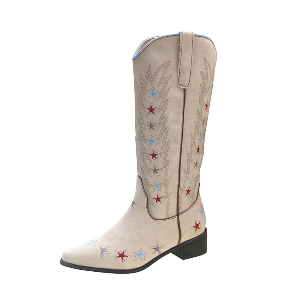 Womens Western Cowboy Boots with Star Embroidery Retro V Cut Mid Calf Chunky Heel Pointed Toe Cowgirl Boots