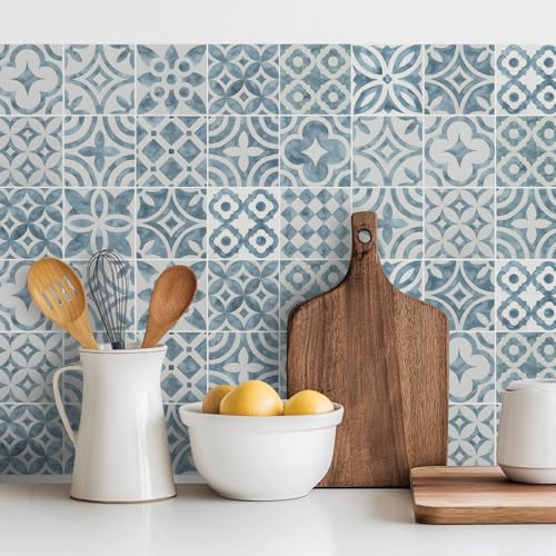 meihea 30 Pack,Modern Coastal Tile Decals, Blue Geometric Patchwork Peel