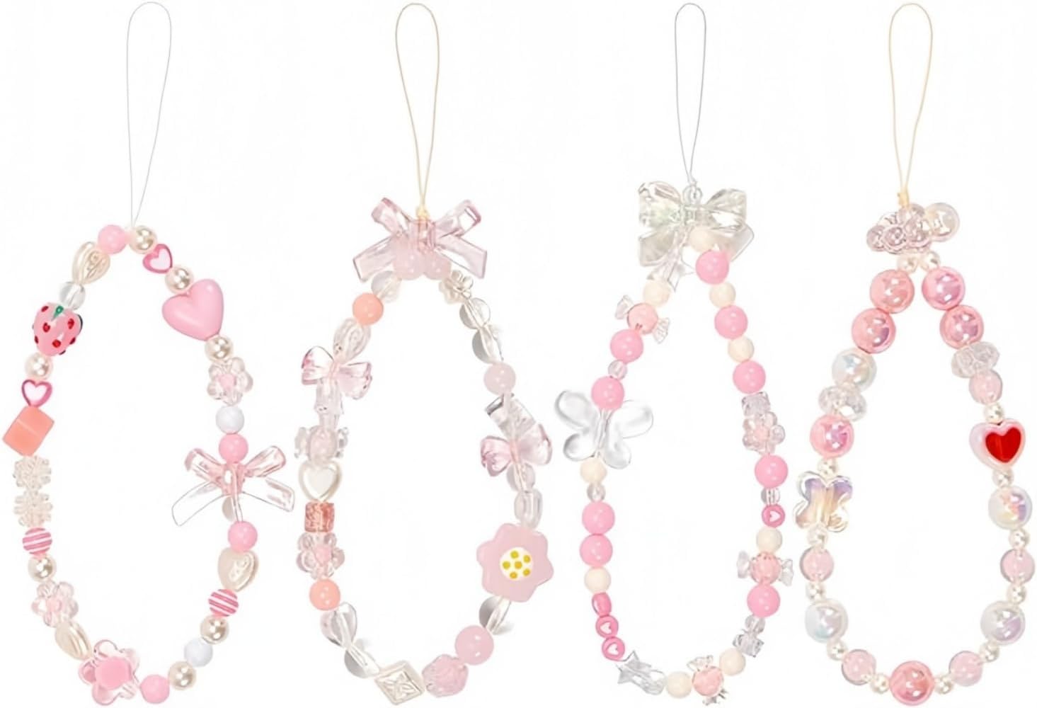 4PCS Beaded Phone Lanyard Wrist Strap for Cell Phone Key Heart Bowtie Flower Aesthetic Beaded phone Chain,
